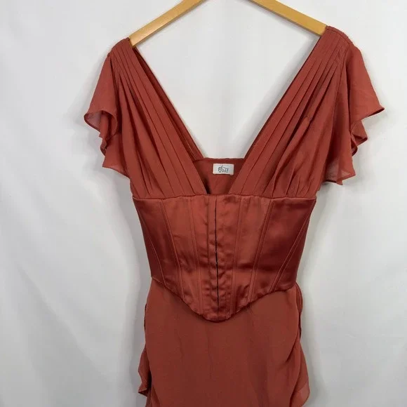 Oh Polly Cerise Draped Corset Zipper Terra-cotta V-Neck Mini Dress Size 6 - Picture 8 of 9